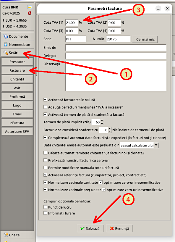 Setari -> Facturare (modificare cota TVA)